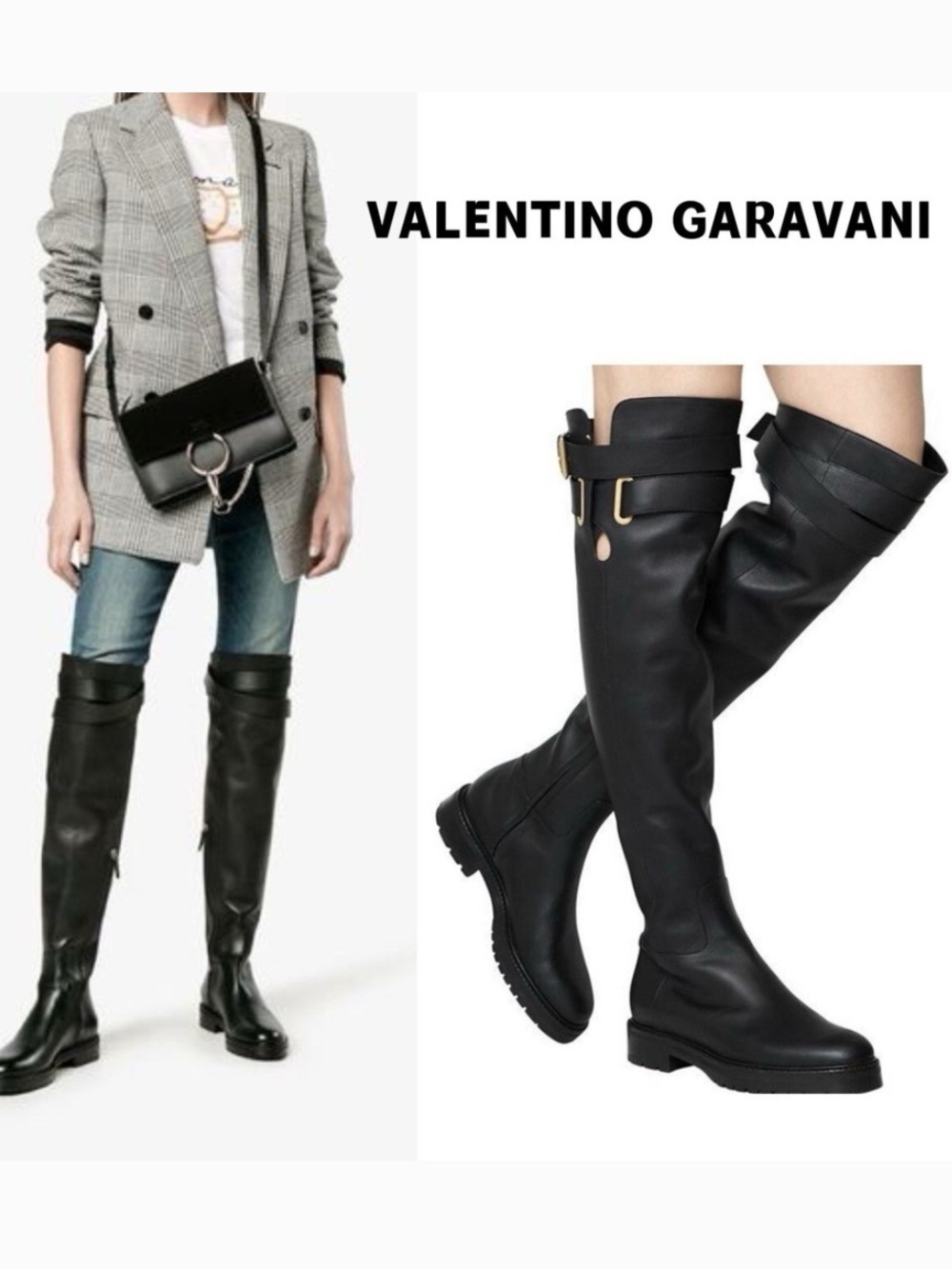 NIB Valentino Garavani Black Buckled Over-the-Knee Leather Boots 39 (US 9) Black